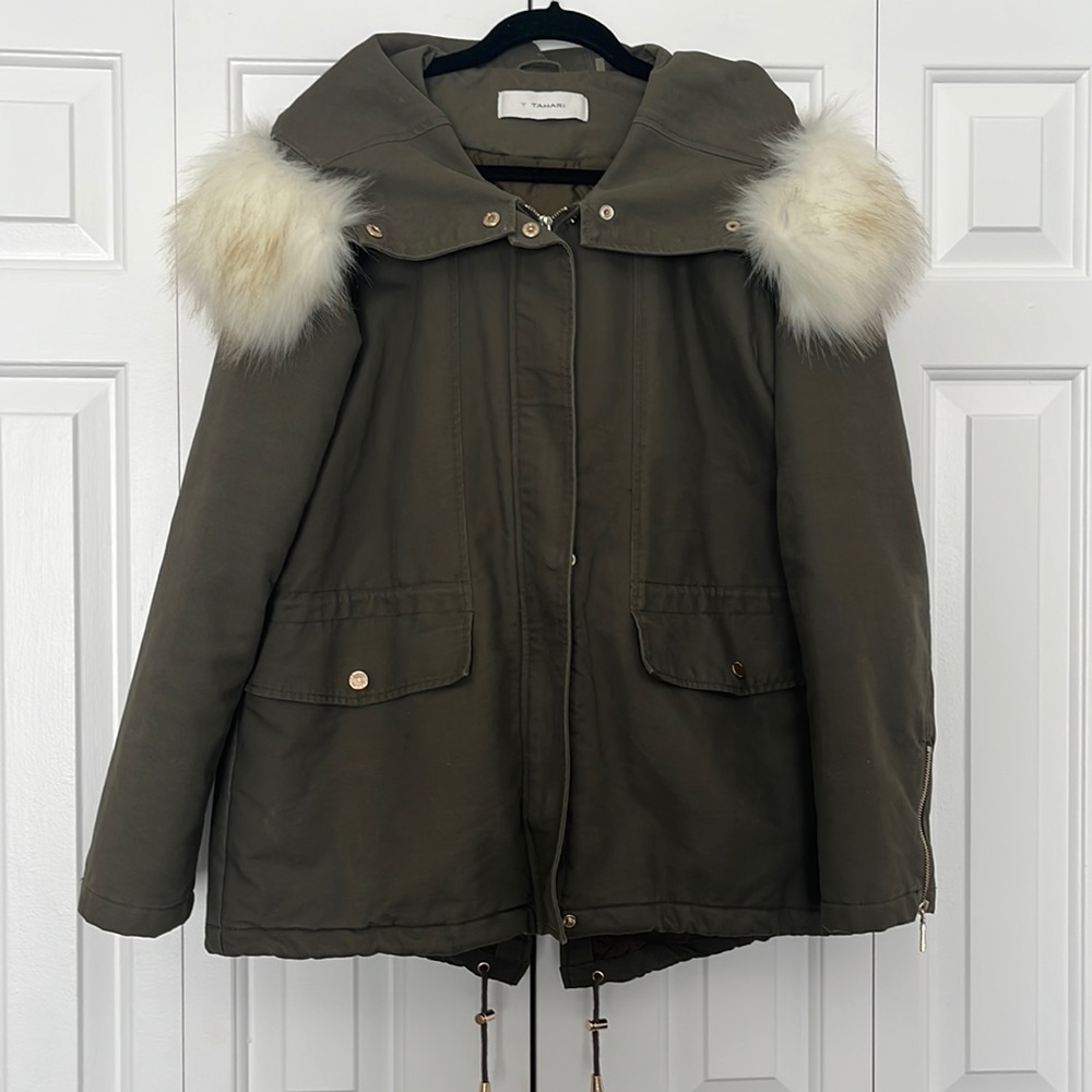 T Tahari Olive Green Jacket with removable faux fur hood in size large